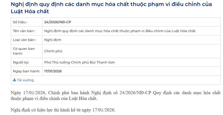 [Mới nhất] Ban hành 04 danh mục hóa chất mới theo nghị định 24/2026/NĐ-CP